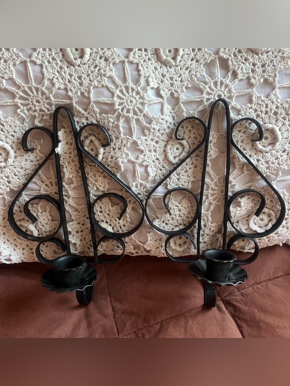 Vintage Black Wrought Iron Wall Candle Sconces - Pair